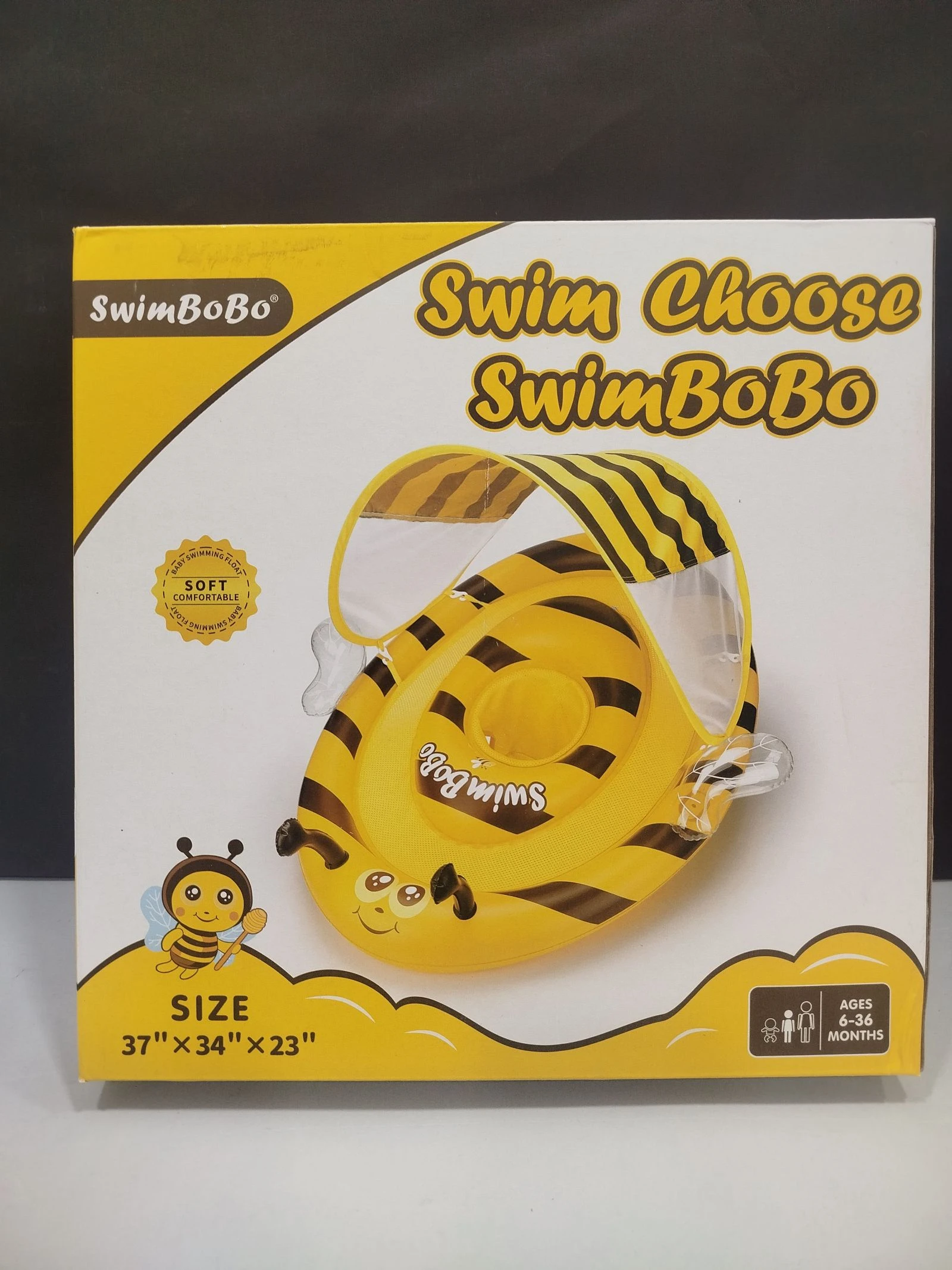 Flotador inflable con diseño de abeja para bebés. Incluye un toldo para proteger del sol.